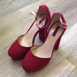 Red faux suede chunky heel platform